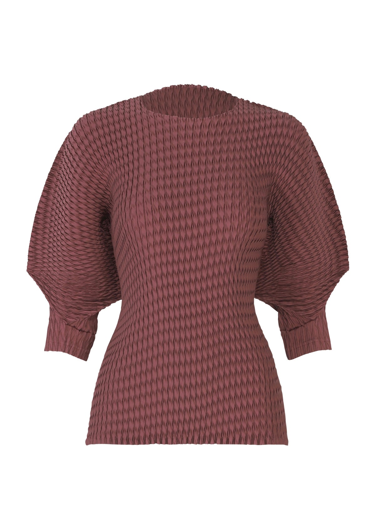 The SLEEK PLEATS blouse by ISSEY MIYAKE features a maroon, textured glossy polyester, fitted waist, round neckline, and voluminous three-quarter puff sleeves. view 3 of 7