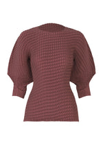 The SLEEK PLEATS blouse by ISSEY MIYAKE features a maroon, textured glossy polyester, fitted waist, round neckline, and voluminous three-quarter puff sleeves. - BURGUNDY （no.85）