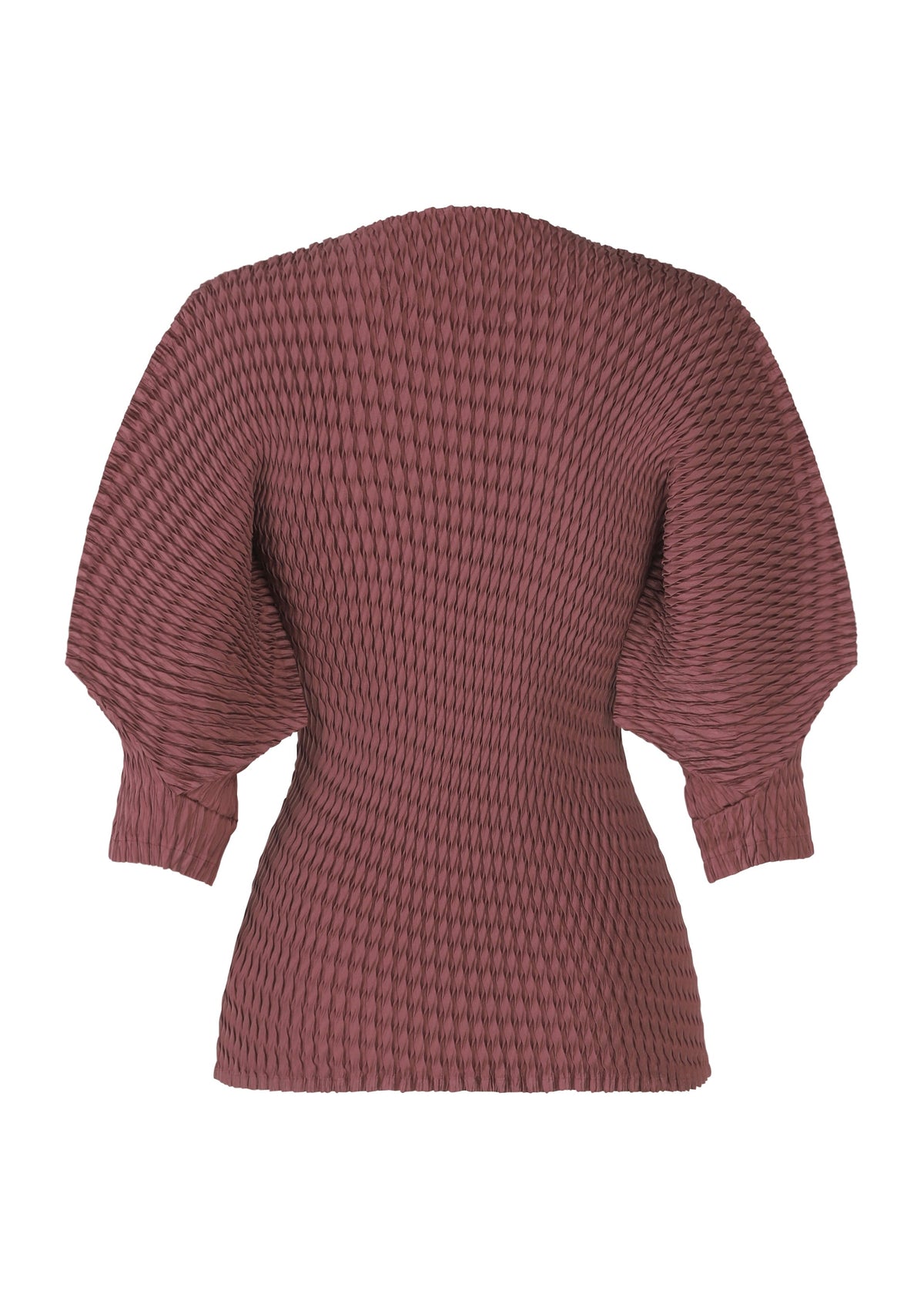 The ISSEY MIYAKE SLEEK PLEATS top features dusty rose pleated satin, a fitted waist, wide puffed sleeves, and an all-over smocked texture, shown against a white background. view 4 of 7