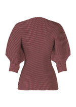The ISSEY MIYAKE SLEEK PLEATS top features dusty rose pleated satin, a fitted waist, wide puffed sleeves, and an all-over smocked texture, shown against a white background.