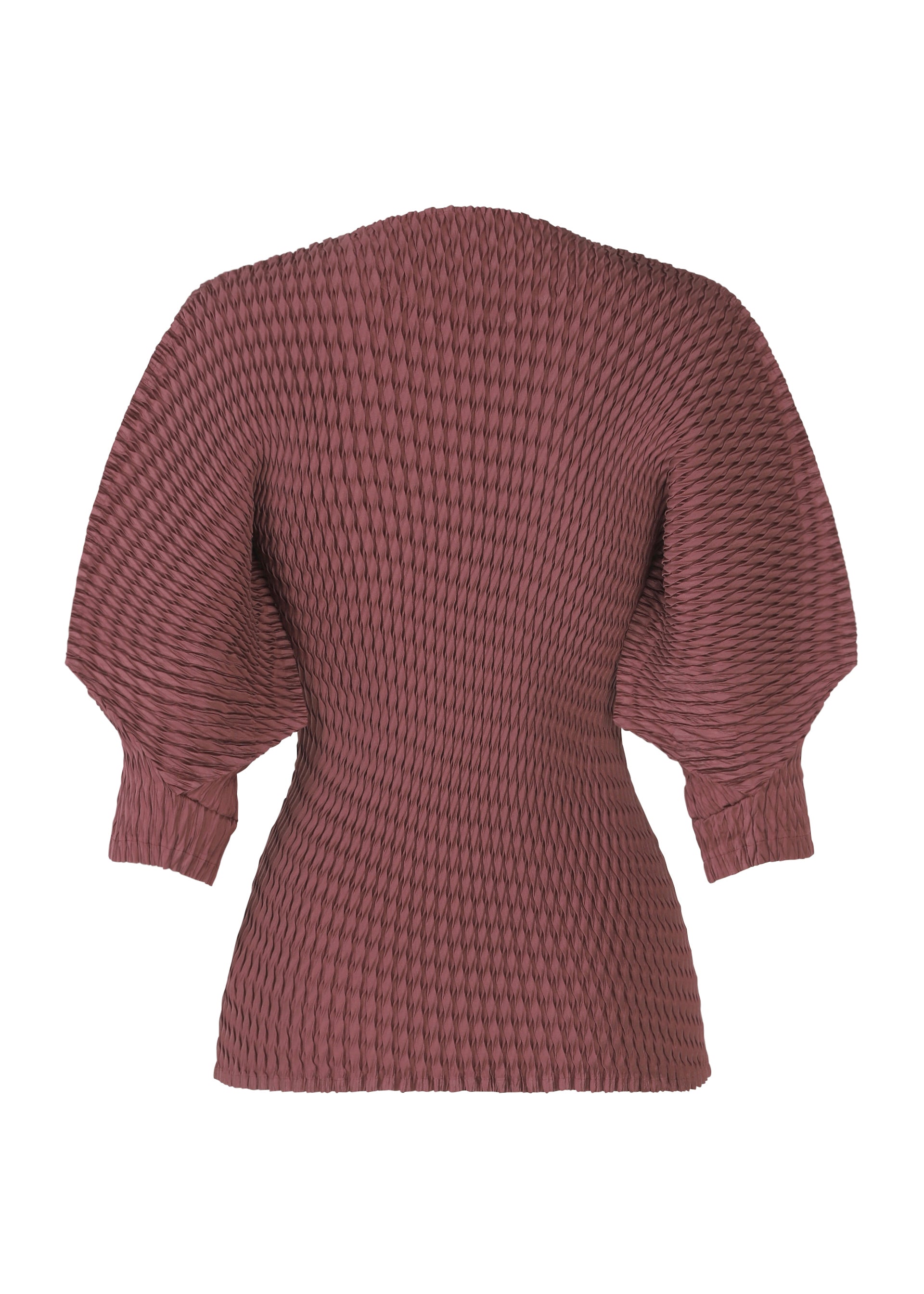 Zoomed view The ISSEY MIYAKE SLEEK PLEATS top features dusty rose pleated satin, a fitted waist, wide puffed sleeves, and an all-over smocked texture, shown against a white background.