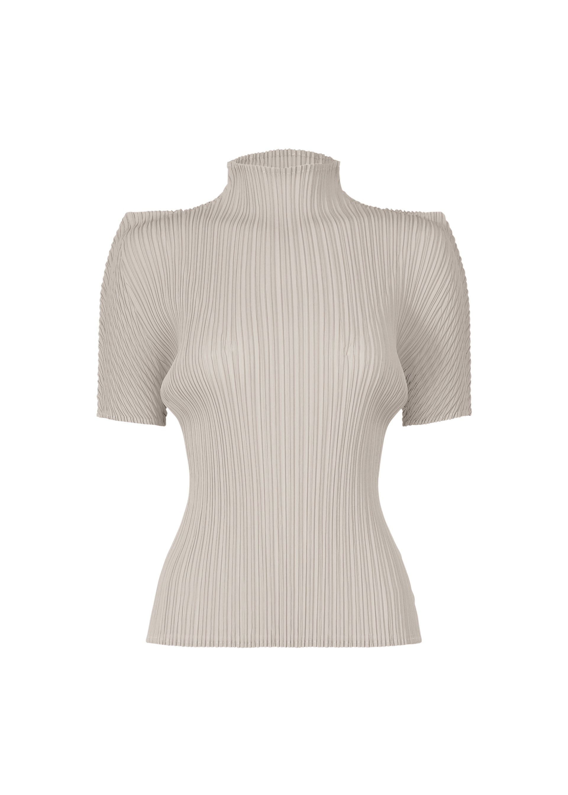 Zoomed view The BOX SHOULDER PLEATS top by ISSEY MIYAKE is a light beige, short-sleeve, high-neck design with a fitted silhouette and ribbed knit fabric featuring vertical pleats for added texture and dimension. - LIGHT GRAY （no.11）