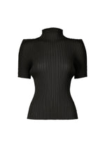 The ISSEY MIYAKE BOX SHOULDER PLEATS is a black, short-sleeved high-neck top with a box shoulder silhouette and subtle pleat patterns in ribbed, pleated fabric, shown against a white background. - BLACK （no.15）