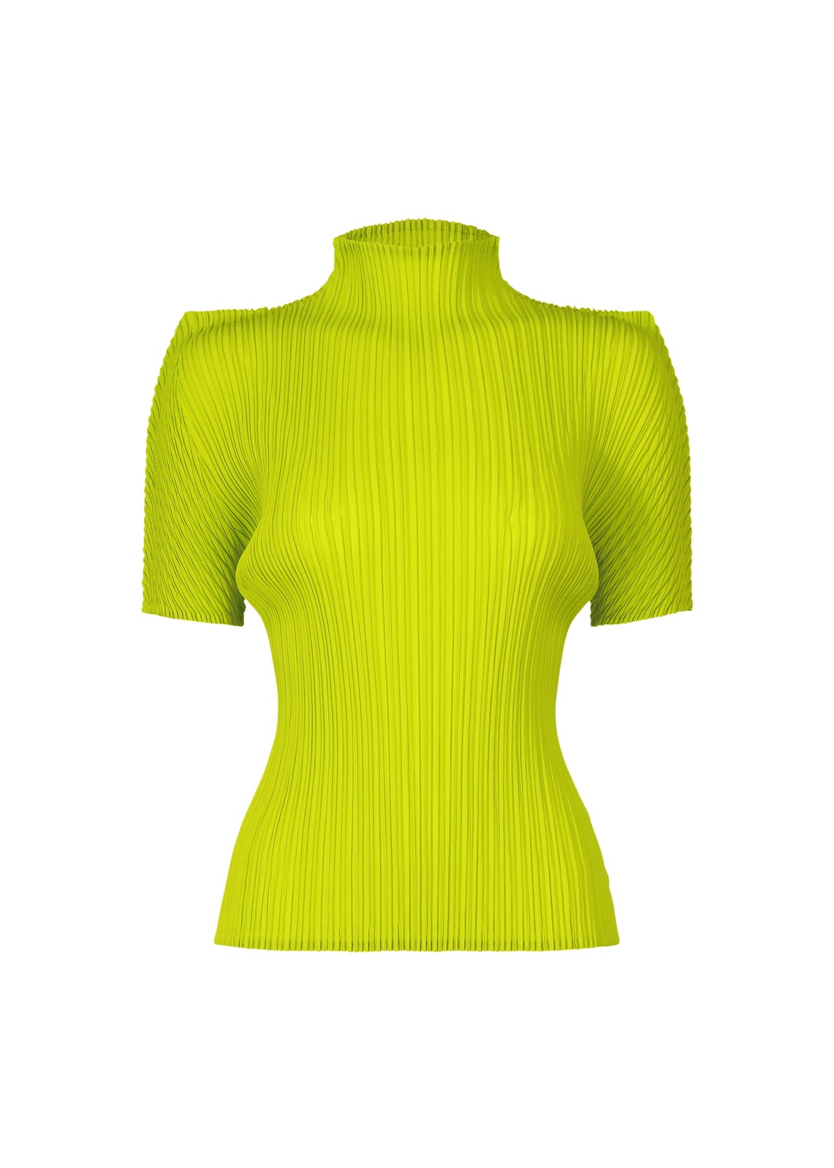 The ISSEY MIYAKE BOX SHOULDER PLEATS is a bright yellow-green, short-sleeve top with a high neck, form-fitting pleated silhouette, and distinctive structured texture, shown on a white background. view 3 of 7