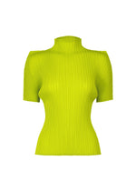 The ISSEY MIYAKE BOX SHOULDER PLEATS is a bright yellow-green, short-sleeve top with a high neck, form-fitting pleated silhouette, and distinctive structured texture, shown on a white background. - PARAKEET GREEN （no.64）