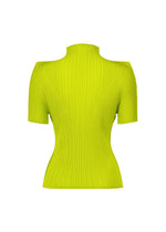 The ISSEY MIYAKE BOX SHOULDER PLEATS top features a bright yellow-green hue, short sleeves, fitted high neck, ribbed pleated texture, and a subtle box shoulder silhouette, shown from the back on a white background.