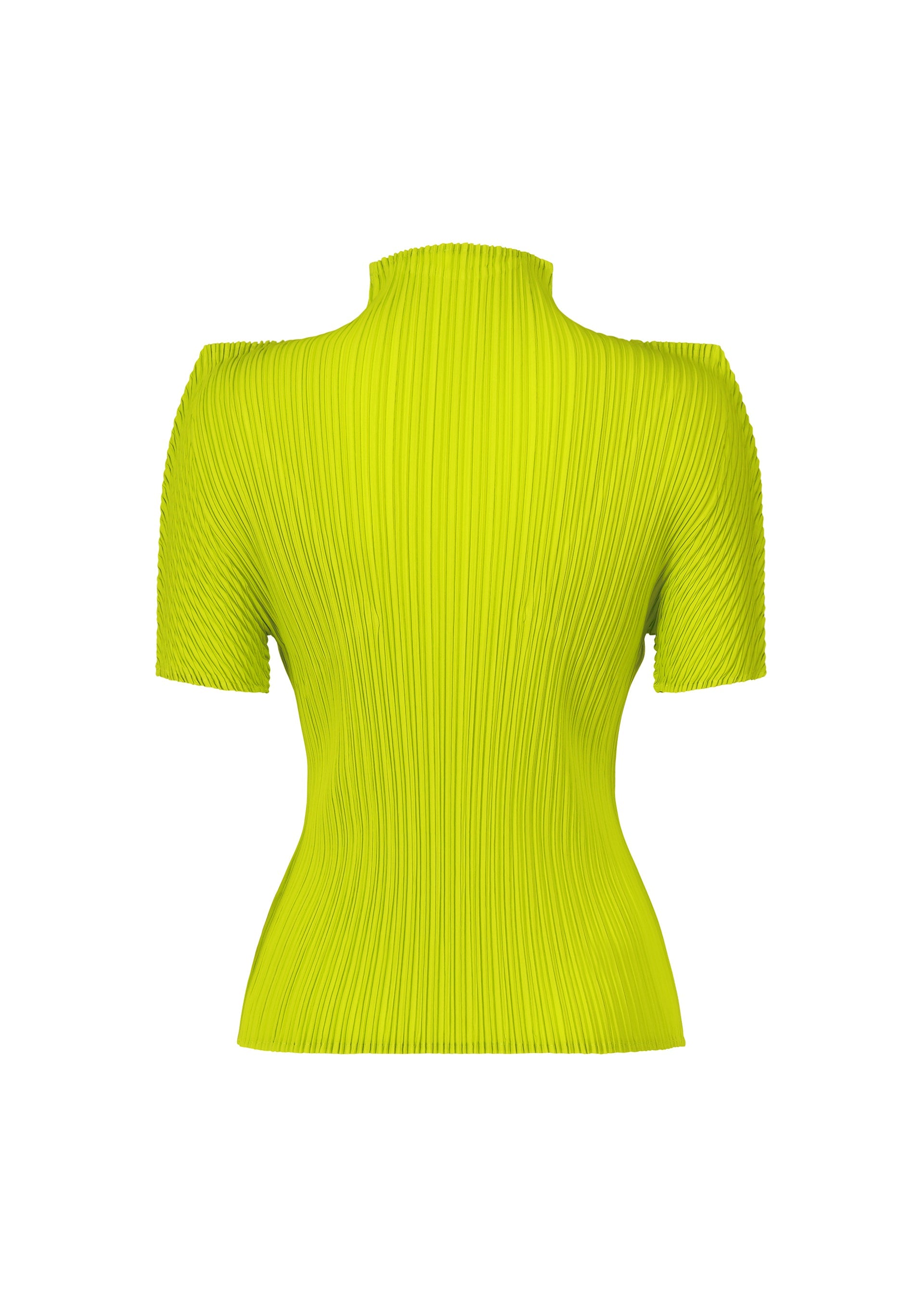 Zoomed view The ISSEY MIYAKE BOX SHOULDER PLEATS top features a bright yellow-green hue, short sleeves, fitted high neck, ribbed pleated texture, and a subtle box shoulder silhouette, shown from the back on a white background.