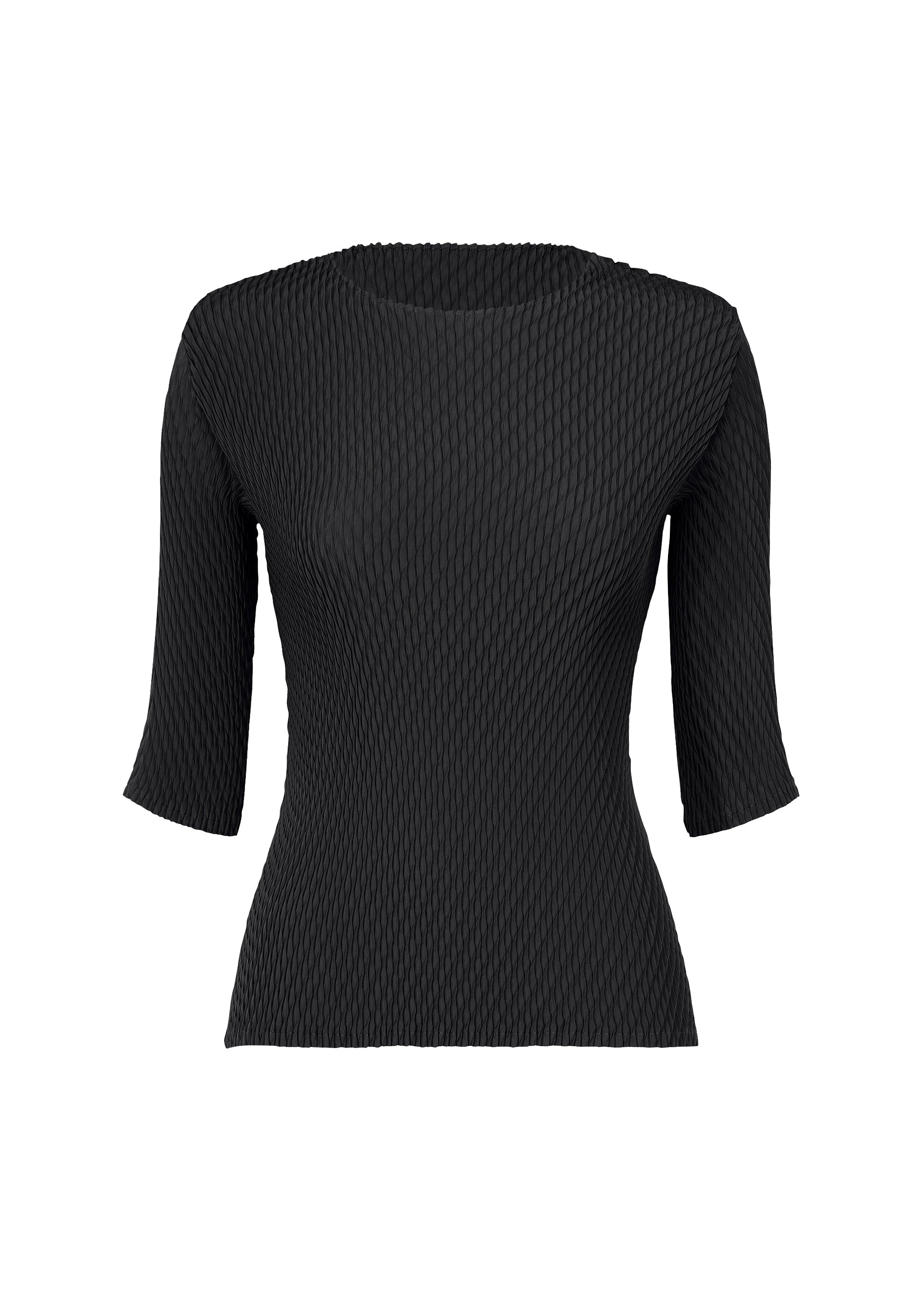 Zoomed view The ISSEY MIYAKE RHOMBUS PLEATS is a black, textured knit round-neck top with three-quarter sleeves and a fitted silhouette, shown on a plain white background. - BLACK （no.15）