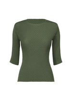 ISSEY MIYAKE's RHOMBUS PLEATS is an olive green, fitted round-neck top with three-quarter sleeves and a textured ribbed pattern, made from stretchy fabric for a sleek silhouette, shown on a plain white background. - DARK GREEN （no.63）