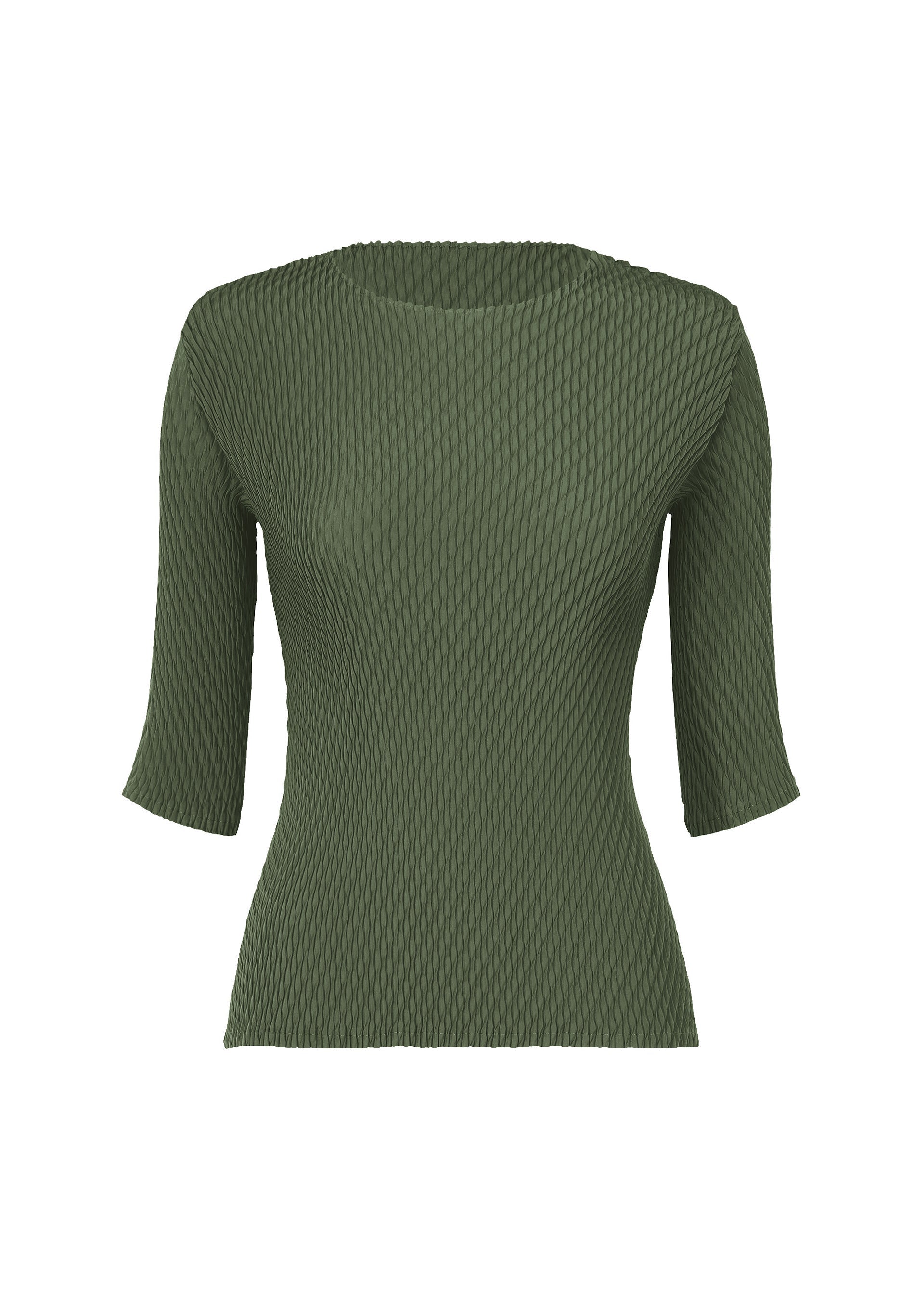 Zoomed view ISSEY MIYAKE's RHOMBUS PLEATS is an olive green, fitted round-neck top with three-quarter sleeves and a textured ribbed pattern, made from stretchy fabric for a sleek silhouette, shown on a plain white background. - DARK GREEN （no.63）