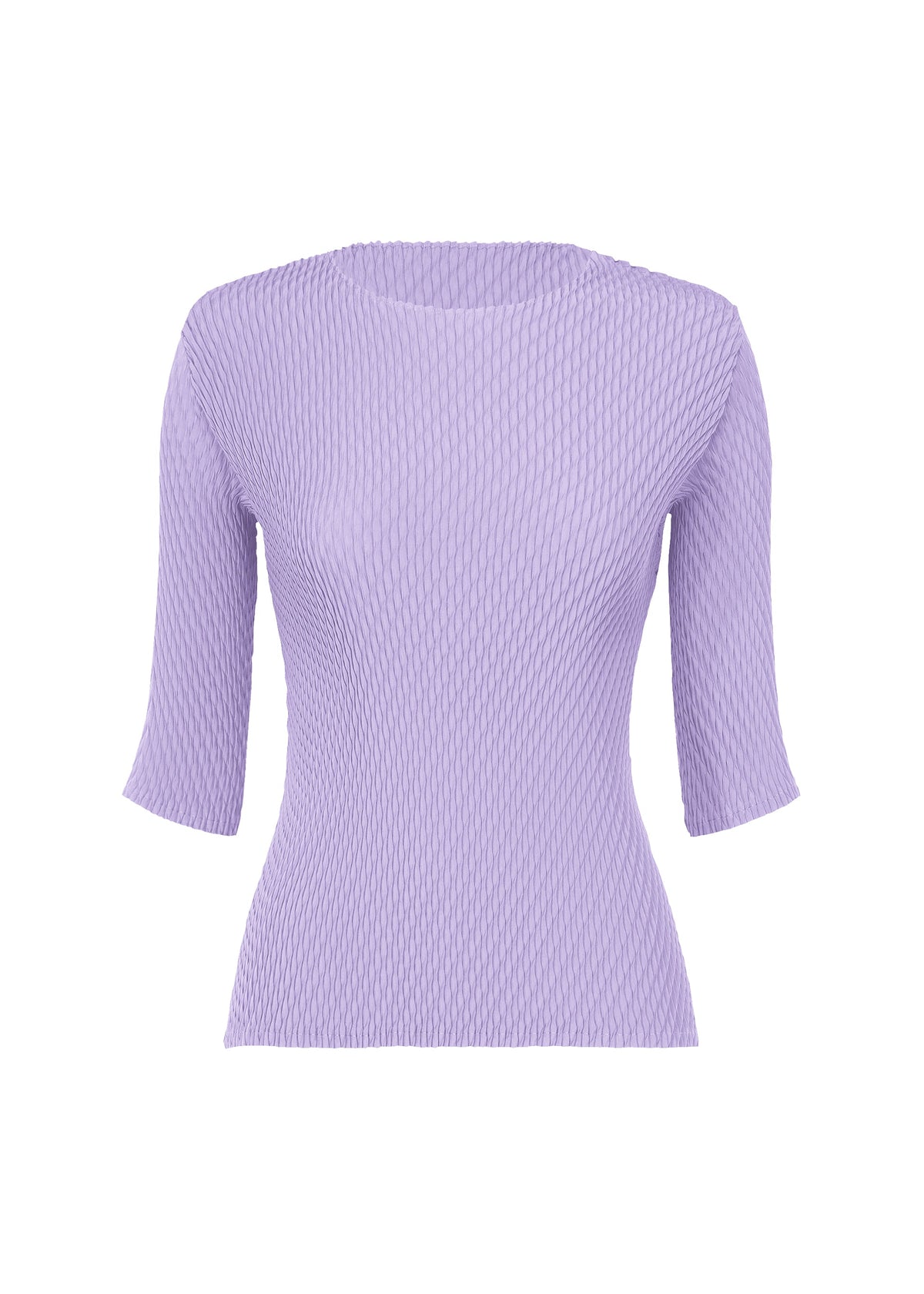 The ISSEY MIYAKE RHOMBUS PLEATS is a fitted lilac ribbed knit top with half-length sleeves, a round neck, and a sleek silhouette, shown against a plain white background. view 3 of 6