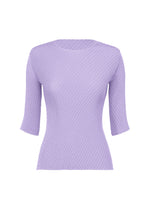 The ISSEY MIYAKE RHOMBUS PLEATS is a fitted lilac ribbed knit top with half-length sleeves, a round neck, and a sleek silhouette, shown against a plain white background. - PURPLE （no.81）