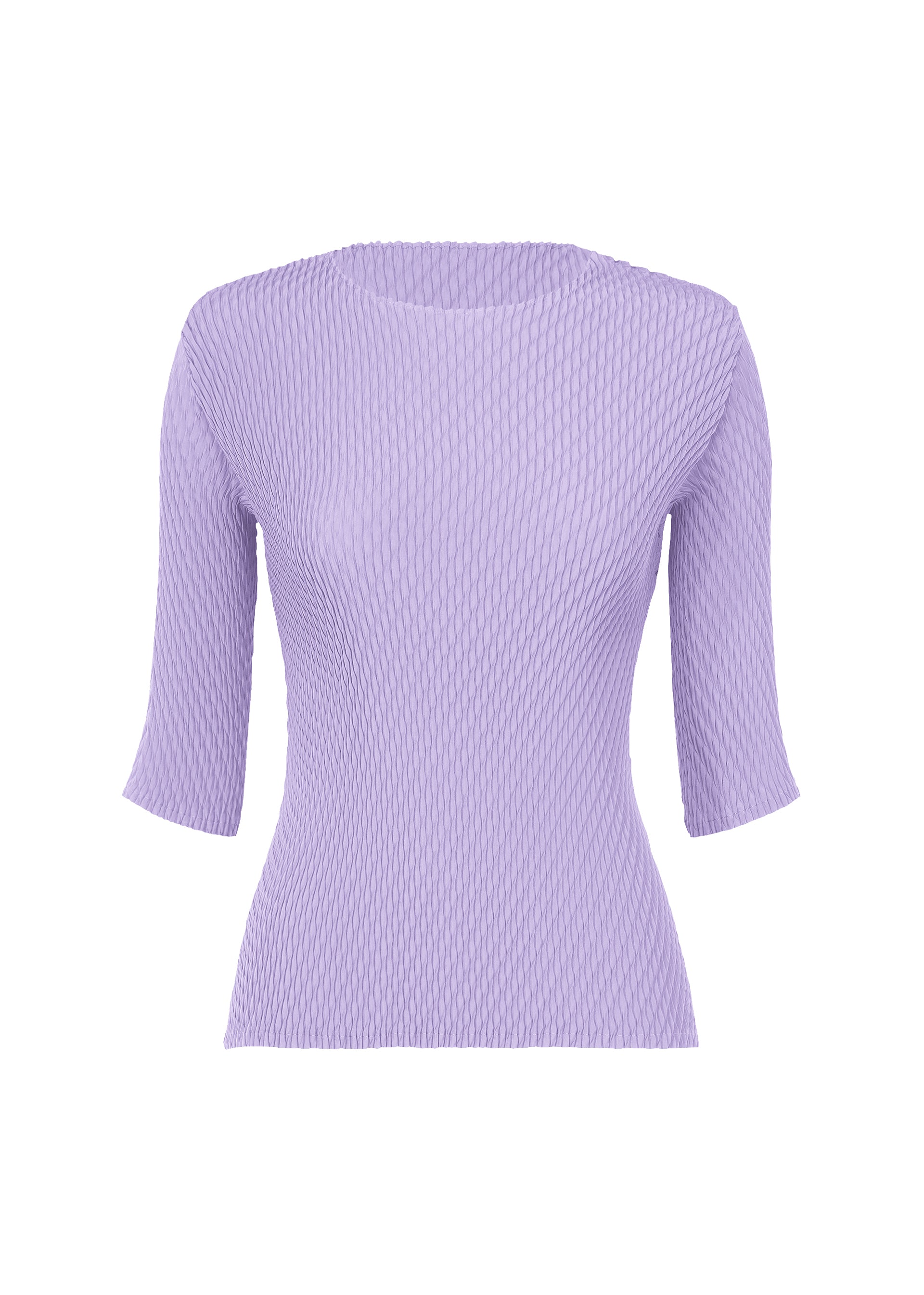 Zoomed view The ISSEY MIYAKE RHOMBUS PLEATS is a fitted lilac ribbed knit top with half-length sleeves, a round neck, and a sleek silhouette, shown against a plain white background. - PURPLE （no.81）