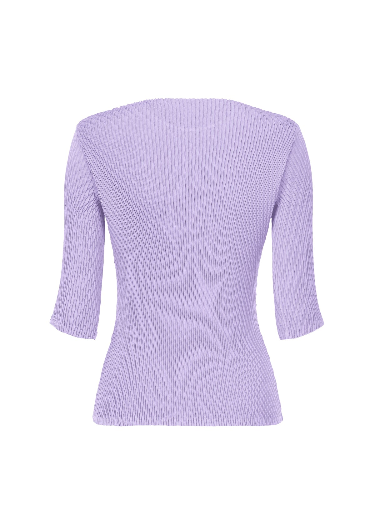 The RHOMBUS PLEATS by ISSEY MIYAKE is a light purple, ribbed, fitted round-neck top with three-quarter sleeves and a sleek back silhouette, displayed against a white background. view 4 of 6