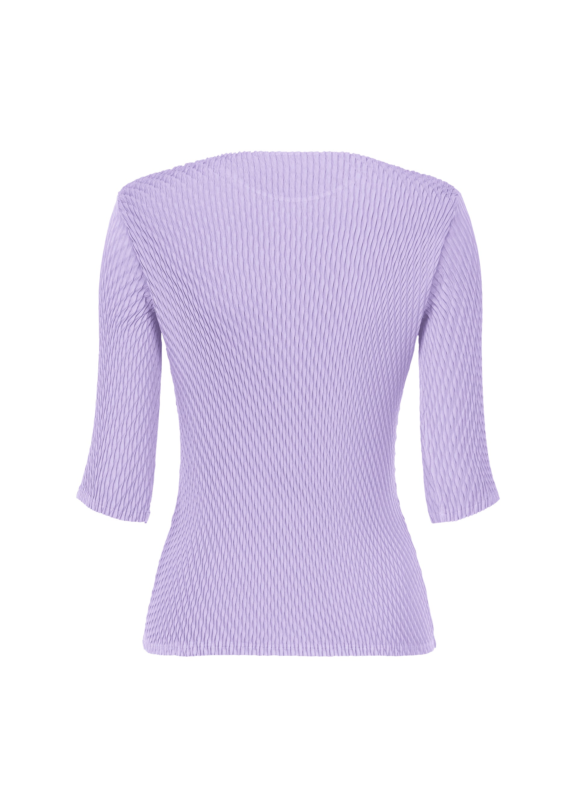 Zoomed view The RHOMBUS PLEATS by ISSEY MIYAKE is a light purple, ribbed, fitted round-neck top with three-quarter sleeves and a sleek back silhouette, displayed against a white background.