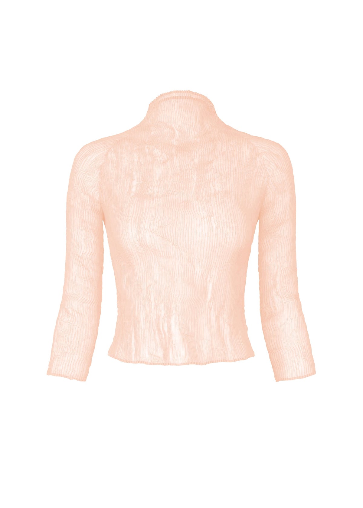 The ISSEY MIYAKE CHIFFON TWIST 2 is a long-sleeved, semi-sheer high-neck top in light peach with a subtle crinkled texture and fitted silhouette, crafted from pleated recycled polyester and shown on a plain white backdrop. view 1 of 8