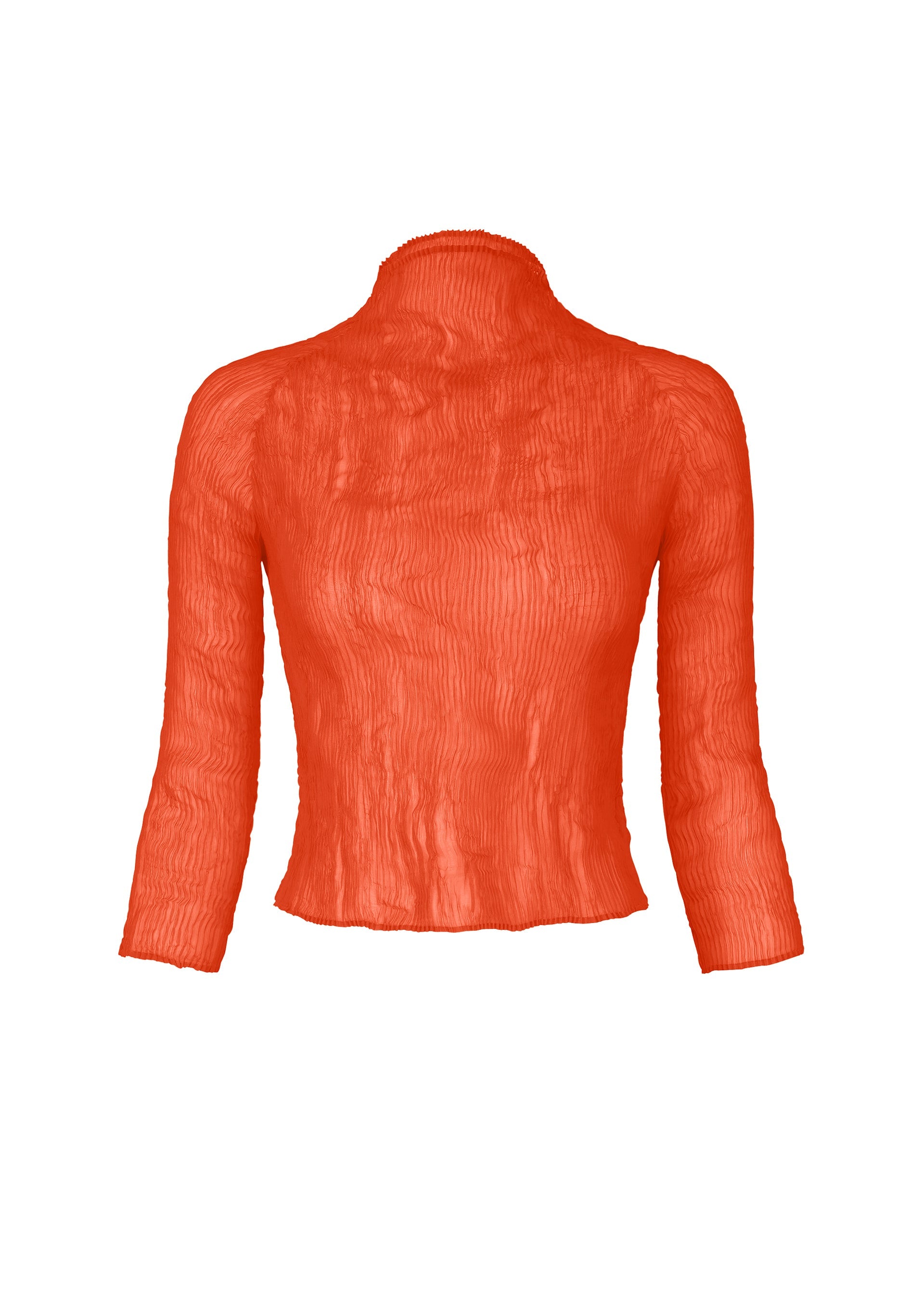 Zoomed view The CHIFFON TWIST 2 by ISSEY MIYAKE is a bright orange, sheer high-neck long-sleeve blouse with a fitted, crinkled look and hip-length hem, crafted from pleated recycled polyester for a modern, sustainable finish. - MACAW RED （no.28）