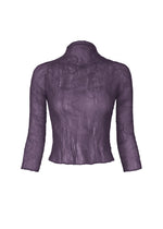 The ISSEY MIYAKE CHIFFON TWIST 2 is a sheer, long-sleeve, deep purple top with a mock turtleneck and crinkled pleated recycled polyester, shown on a plain white background. - DARK PURPLE （no.82）