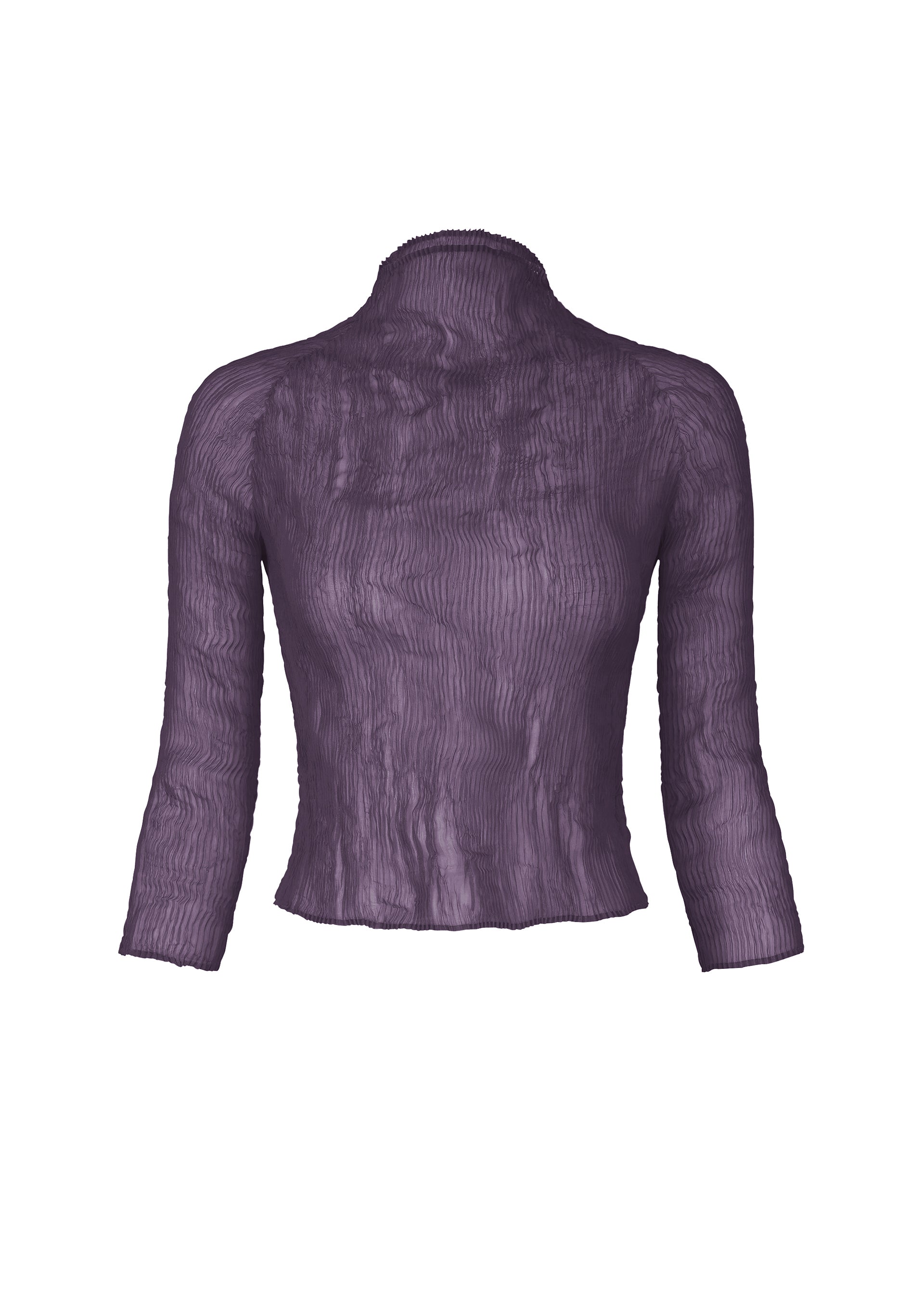 Zoomed view The ISSEY MIYAKE CHIFFON TWIST 2 is a sheer, long-sleeve, deep purple top with a mock turtleneck and crinkled pleated recycled polyester, shown on a plain white background. - DARK PURPLE （no.82）