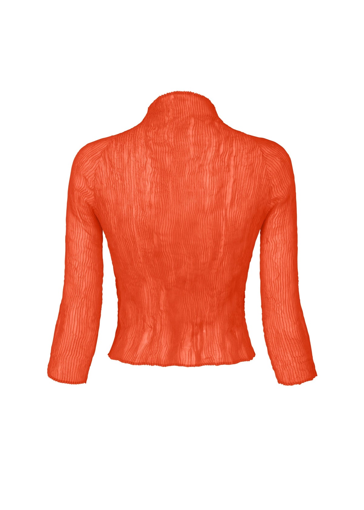The ISSEY MIYAKE CHIFFON TWIST 2 is a bright orange, long-sleeve blouse made from pleated recycled polyester with a high collar, shown from the back on a white background. view 4 of 8