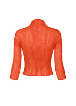 The ISSEY MIYAKE CHIFFON TWIST 2 is a bright orange, long-sleeve blouse made from pleated recycled polyester with a high collar, shown from the back on a white background.