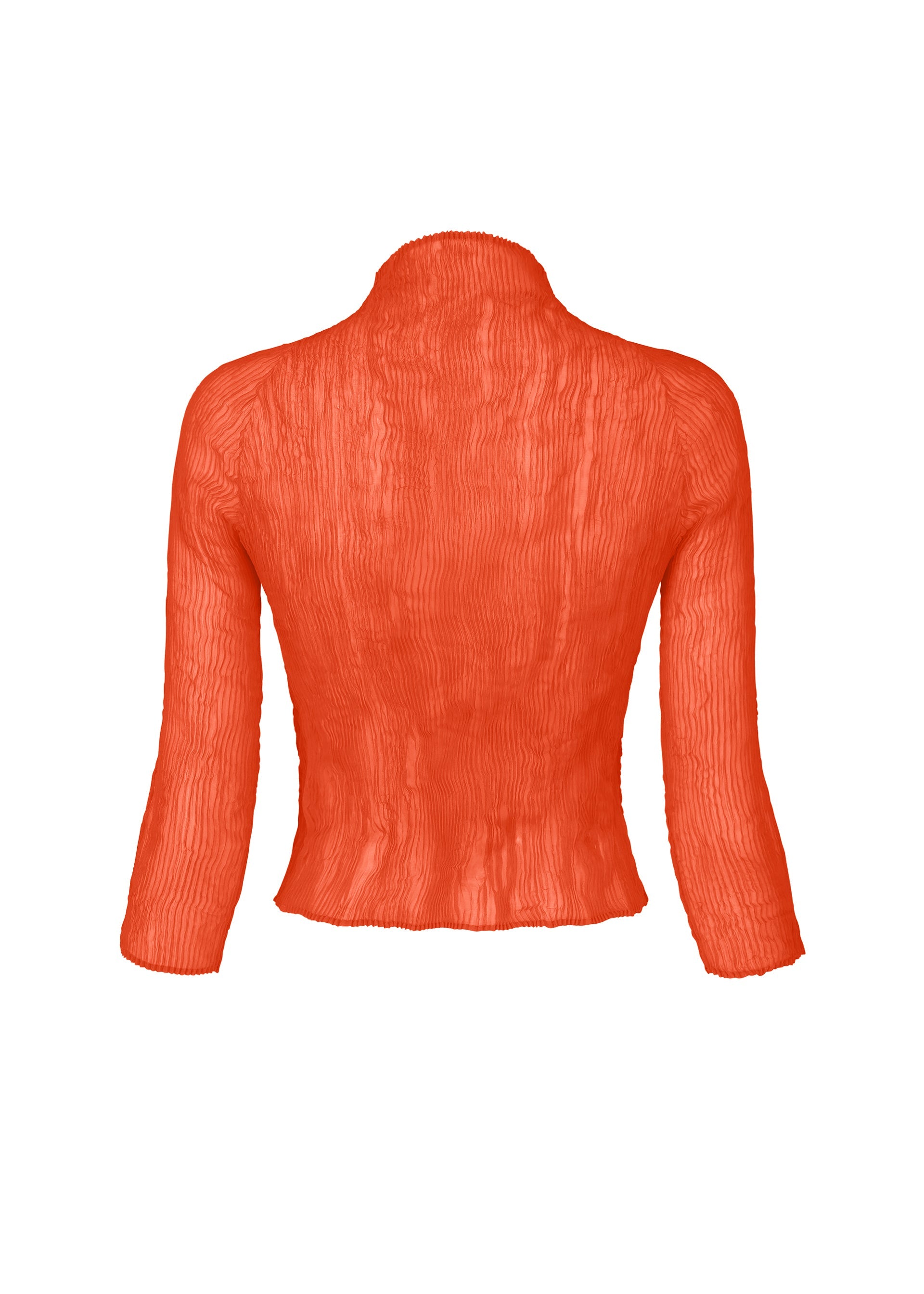 Zoomed view The ISSEY MIYAKE CHIFFON TWIST 2 is a bright orange, long-sleeve blouse made from pleated recycled polyester with a high collar, shown from the back on a white background.