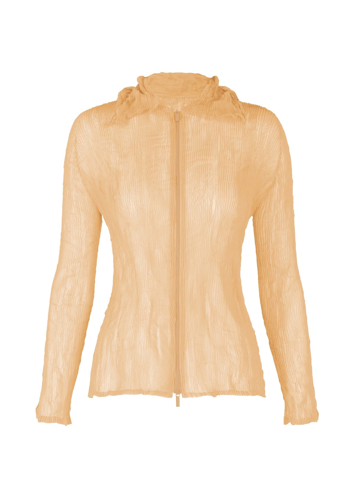 The ISSEY MIYAKE CHIFFON TWIST 1 is a sheer, light beige zip-up cardigan with subtle pleats and a fitted silhouette, crafted from recycled polyester. view 2 of 7