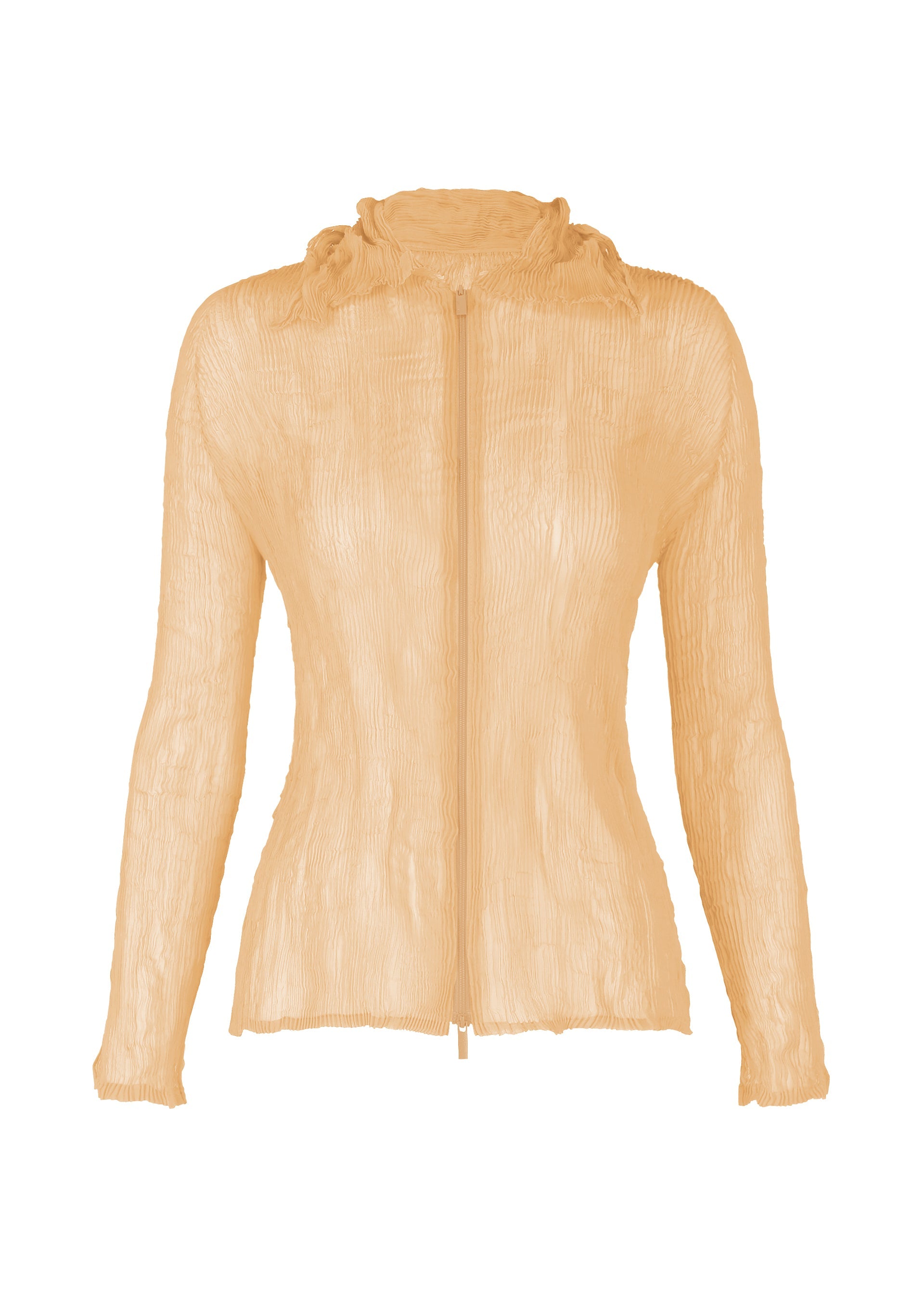 Zoomed view The ISSEY MIYAKE CHIFFON TWIST 1 is a sheer, light beige zip-up cardigan with subtle pleats and a fitted silhouette, crafted from recycled polyester. - CHUKAR BEIGE (no.42)