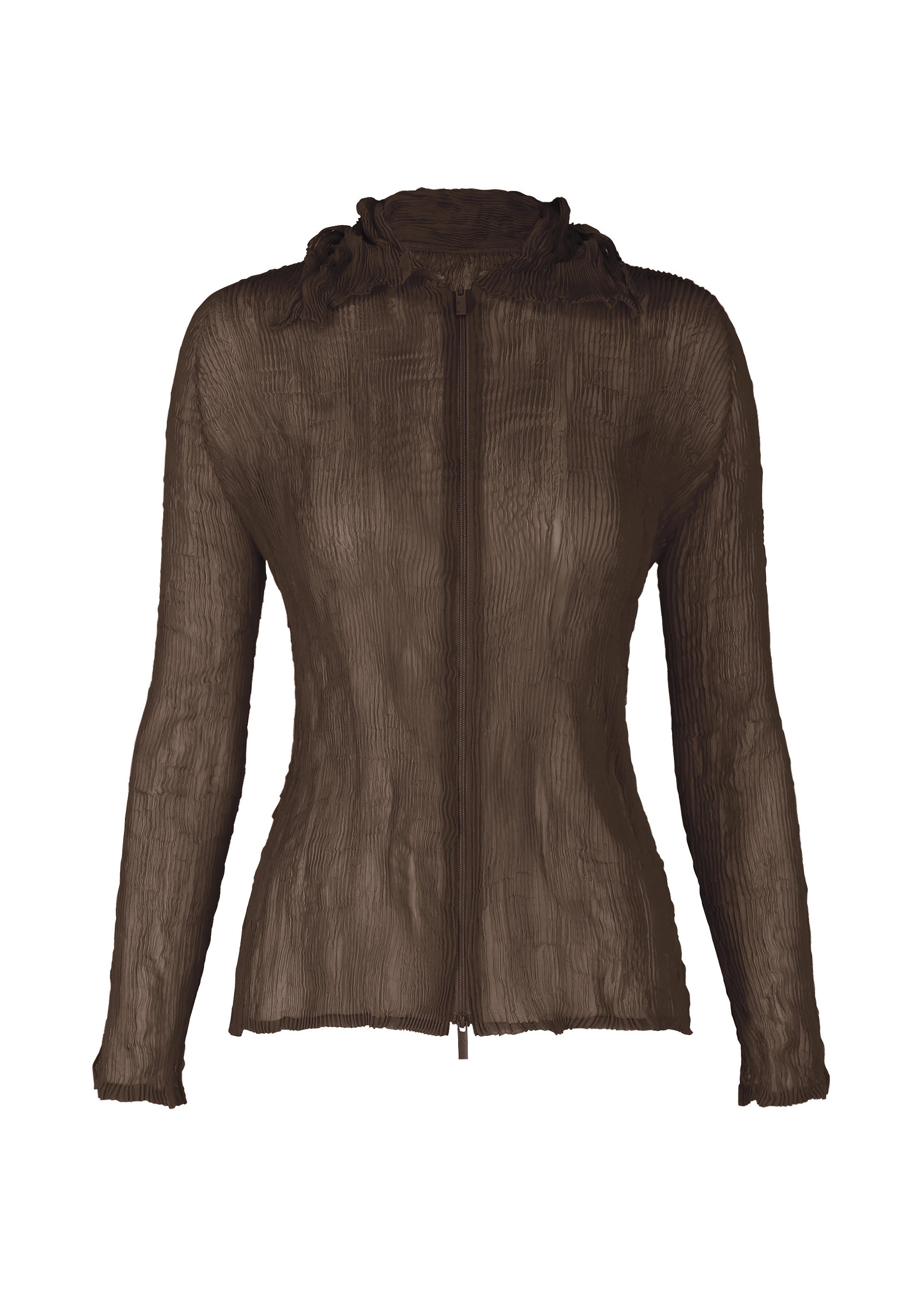 Zoomed view The CHIFFON TWIST 1 by ISSEY MIYAKE is a brown, long-sleeved semi-sheer zip-up cardigan with a pleated texture and fitted silhouette, made from recycled polyester and shown on a plain white background. - DARK BROWN (no.45)