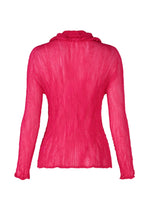The ISSEY MIYAKE CHIFFON TWIST 1 is a bright pink, sheer long-sleeve blouse with pleated crinkled fabric, soft gathered collar, fitted silhouette, and made from recycled polyester. Shown from the back.