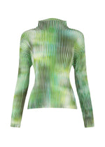 The OBSCURE PLEATS top by ISSEY MIYAKE is a long-sleeve, fitted polyester design with a high neckline, showcasing green and white vertical pleats and a watercolor moiré pattern. - GREEN-HUED (no.66)