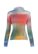 The OBSCURE PLEATS top by ISSEY MIYAKE is a long-sleeve, ribbed pleated polyester piece with a mock neck and a vibrant gradient moiré pattern in red, white, green, yellow, and blue on a white background.