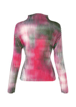 The OBSCURE PLEATS long-sleeve polyester top by ISSEY MIYAKE features pleats, a high neckline, and a vibrant pink, green, and white tie-dye pattern. Displayed on a plain white background.
