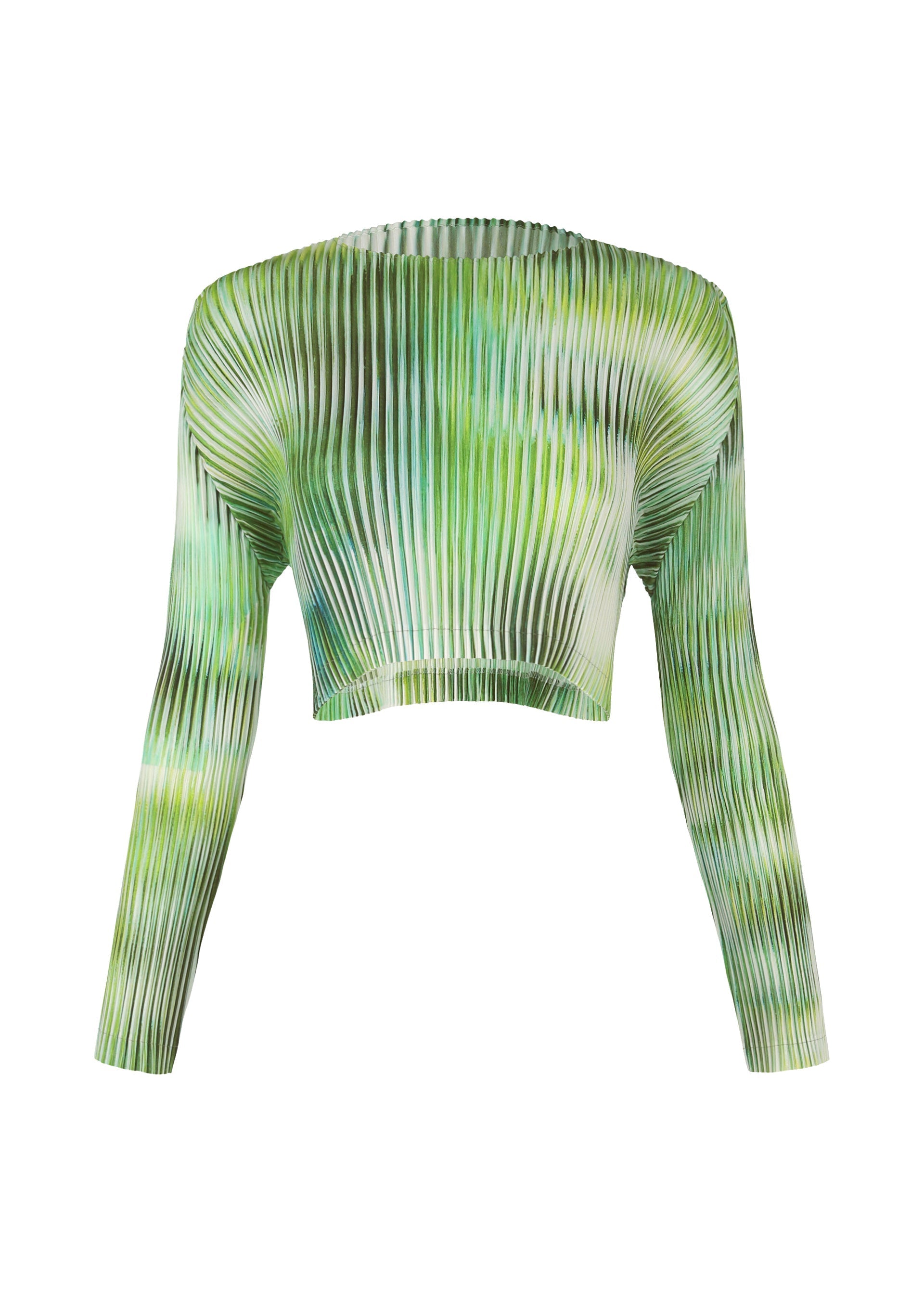 Zoomed view OBSCURE PLEATS by ISSEY MIYAKE: a long-sleeve, off-shoulder crop shirt in pleated polyester with green and white moiré stripes, shown on a white background. - GREEN-HUED (no.66)