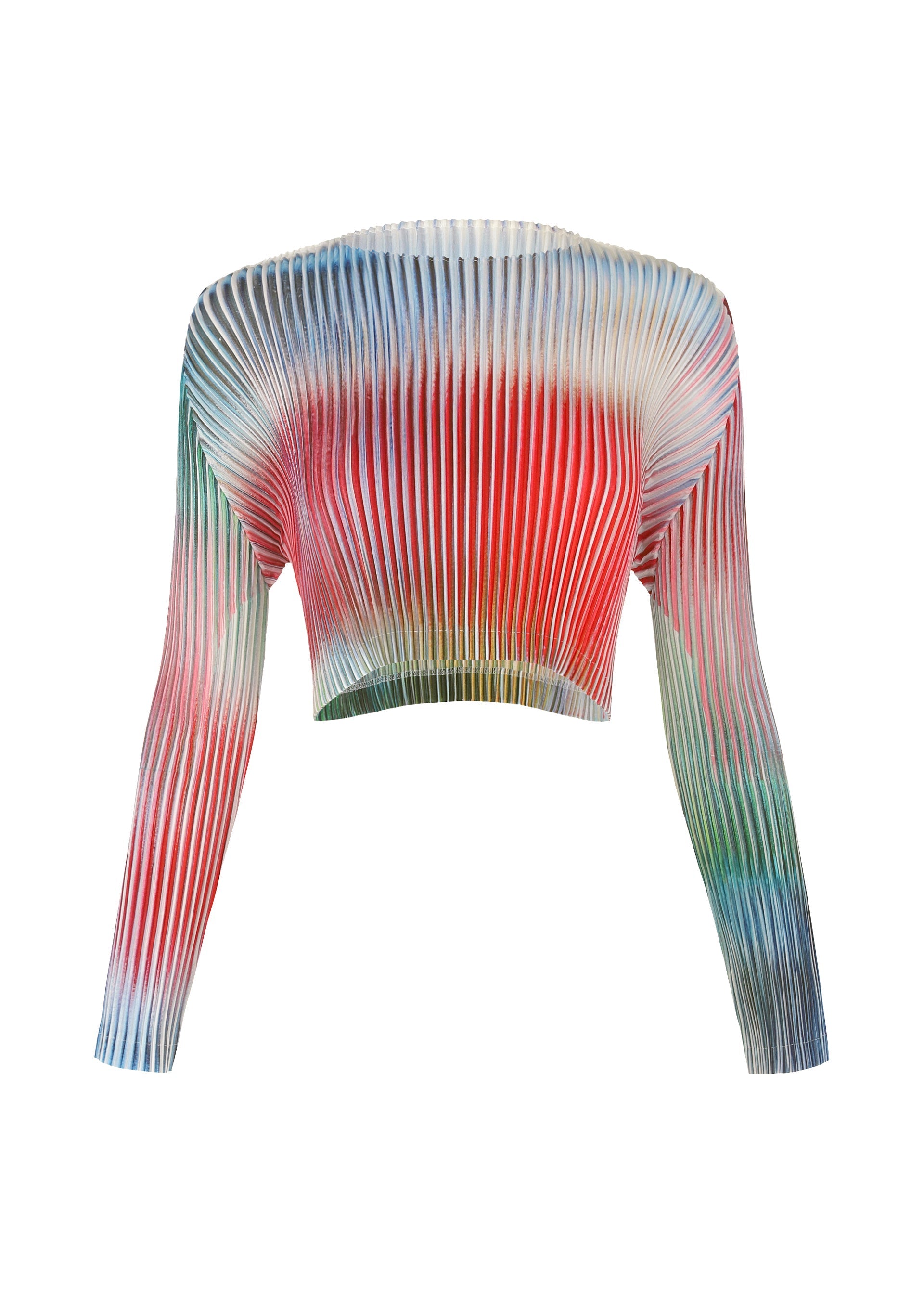 Zoomed view The OBSCURE PLEATS top by ISSEY MIYAKE features long sleeves, a ribbed moiré pattern, and an off-the-shoulder neckline with a red, white, blue, and green gradient.