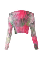 The ISSEY MIYAKE OBSCURE PLEATS is a long-sleeve, off-the-shoulder ribbed crop top with a pink, red, green, and white moiré tie-dye pattern—perfect for vibrant style.