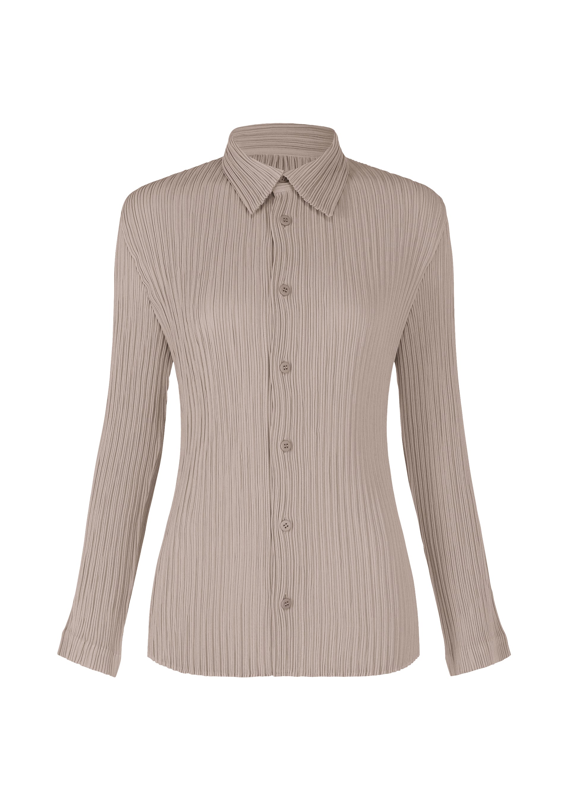 Zoomed view The HATCHING PLEATS by ISSEY MIYAKE is a beige, long-sleeve pleated shirt with a collar and textured finish, made from recycled polyester, shown against a white background. - GREIGE （no.10）