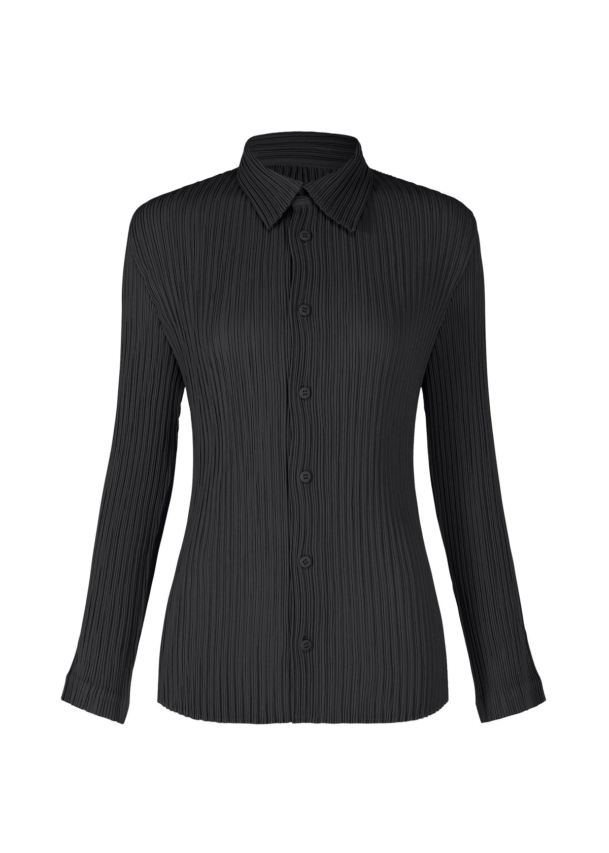 The HATCHING PLEATS blouse by ISSEY MIYAKE is a black, long-sleeve, button-up top with a pleated texture and classic collar, made from recycled polyester and shown on a plain white background. view 1 of 5
