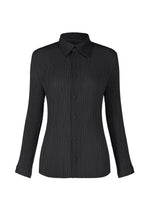 The HATCHING PLEATS blouse by ISSEY MIYAKE is a black, long-sleeve, button-up top with a pleated texture and classic collar, made from recycled polyester and shown on a plain white background. - BLACK （no.15）