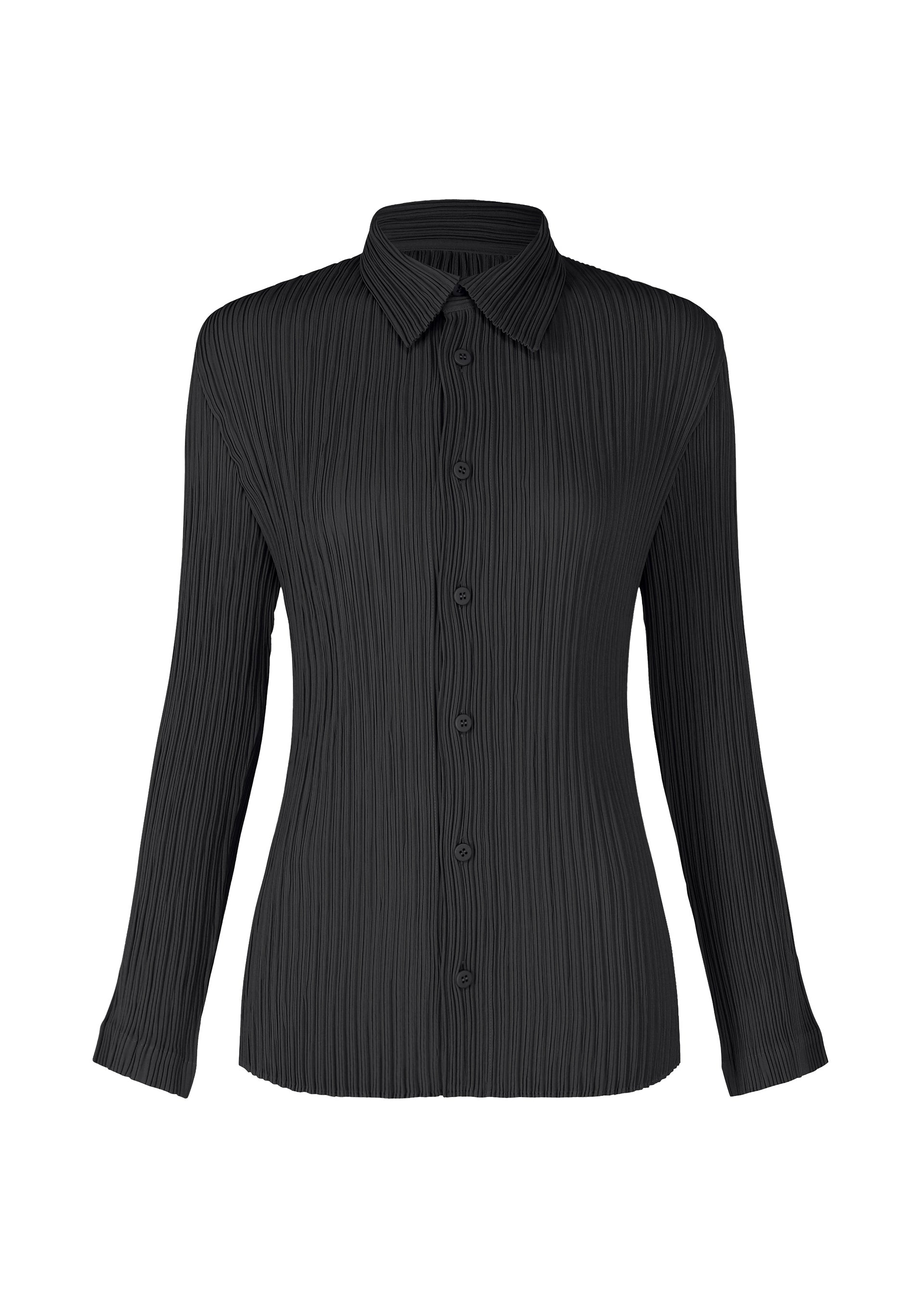 Zoomed view The HATCHING PLEATS blouse by ISSEY MIYAKE is a black, long-sleeve, button-up top with a pleated texture and classic collar, made from recycled polyester and shown on a plain white background. - BLACK （no.15）