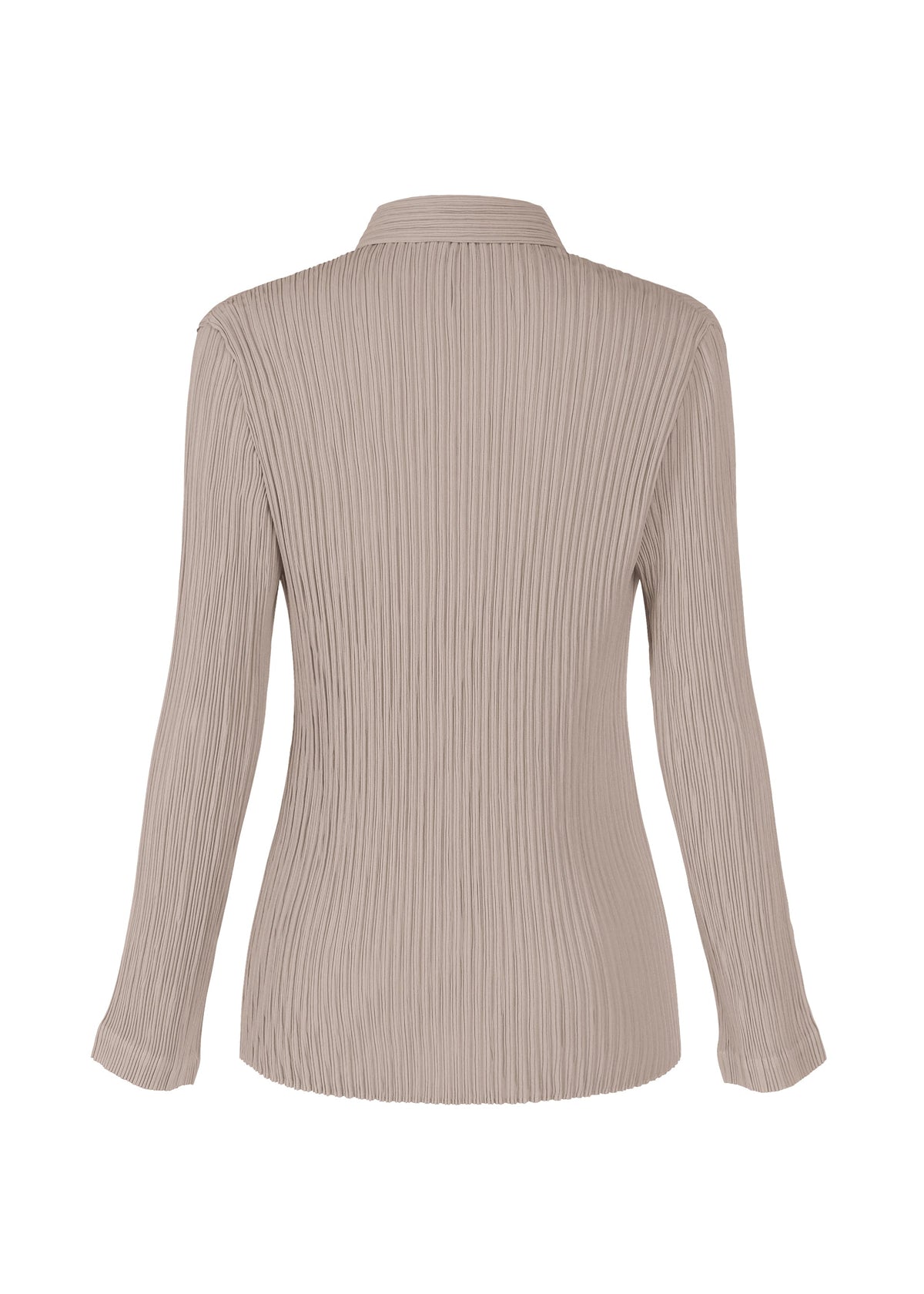 The ISSEY MIYAKE HATCHING PLEATS is a taupe long-sleeve shirt with vertical pleats, shown from the back. It features a collar, a slightly fitted silhouette, and a subtly textured finish. view 4 of 7