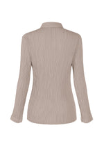 The ISSEY MIYAKE HATCHING PLEATS is a taupe long-sleeve shirt with vertical pleats, shown from the back. It features a collar, a slightly fitted silhouette, and a subtly textured finish.