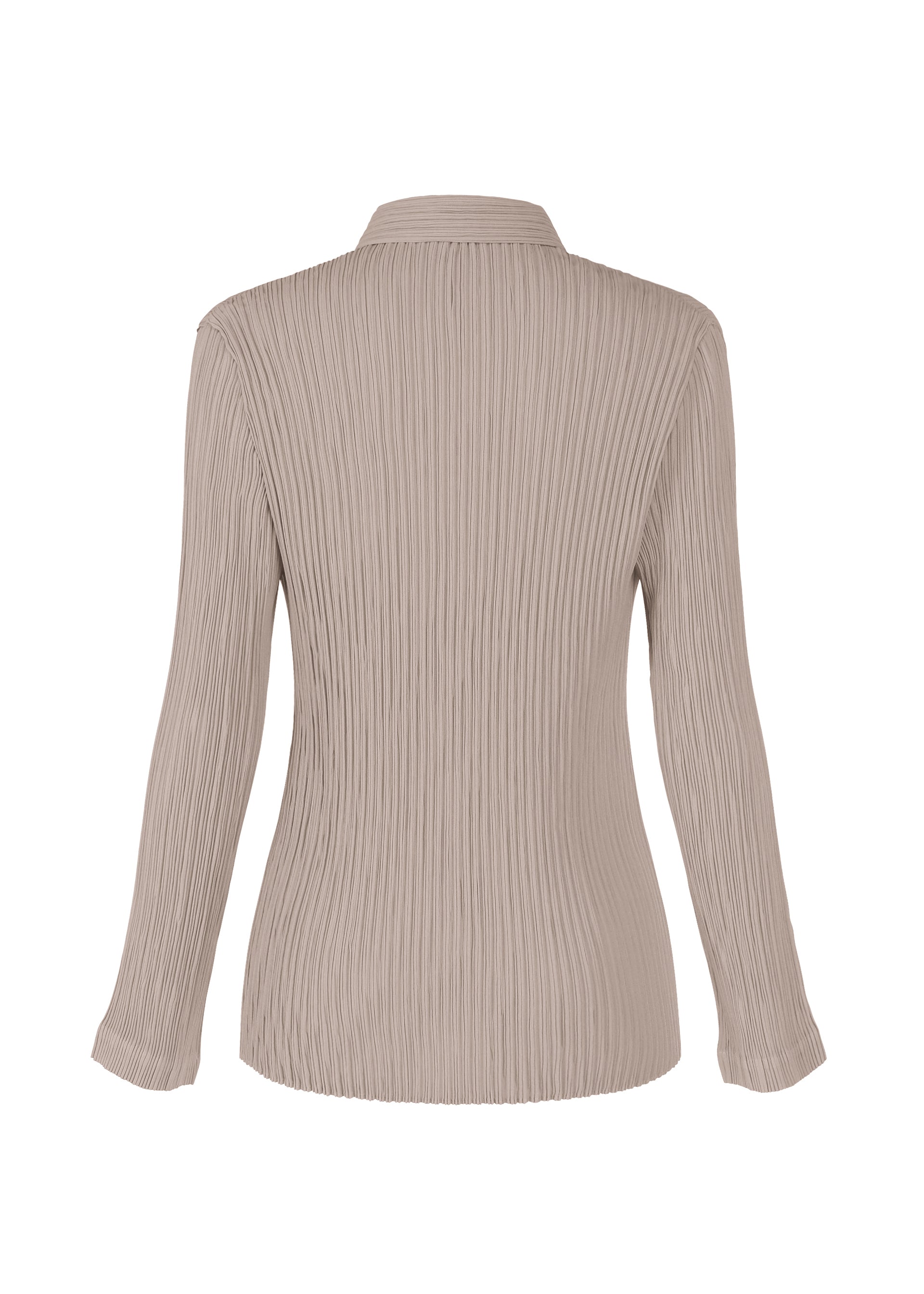 Zoomed view The HATCHING PLEATS blouse by ISSEY MIYAKE is a beige, long-sleeve shirt with a textured finish, pleated detail, collar, and fitted silhouette—crafted from recycled polyester and shown from the back, ideal for daily wear.