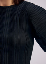 Close-up of a person wearing the ISSEY MIYAKE LINEN LIKE RIB PLEATS top, featuring black, pleated fabric with vertical ribbed texture. The image shows the shoulder, upper chest, and part of the arm in this stylish short-sleeve blouse.