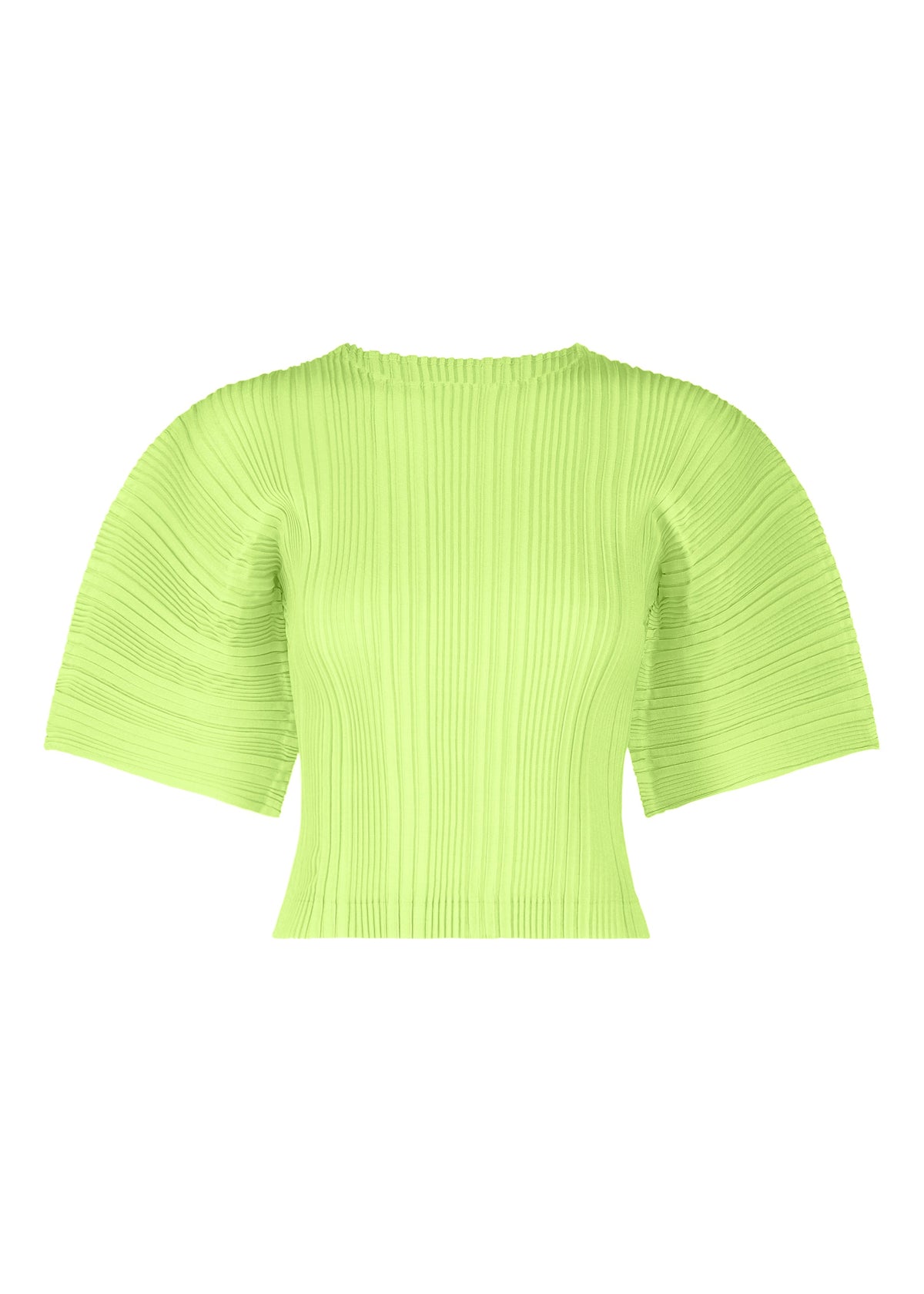 The ISSEY MIYAKE LINEN LIKE RIB PLEATS is a neon green, short-sleeved pleated blouse with wide structured sleeves and a round neckline, made from polyester with a linen-like finish, shown on a plain white background. view 2 of 8