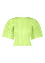 The ISSEY MIYAKE LINEN LIKE RIB PLEATS is a neon green, short-sleeved pleated blouse with wide structured sleeves and a round neckline, made from polyester with a linen-like finish, shown on a plain white background. - LIME GREEN （no.60）