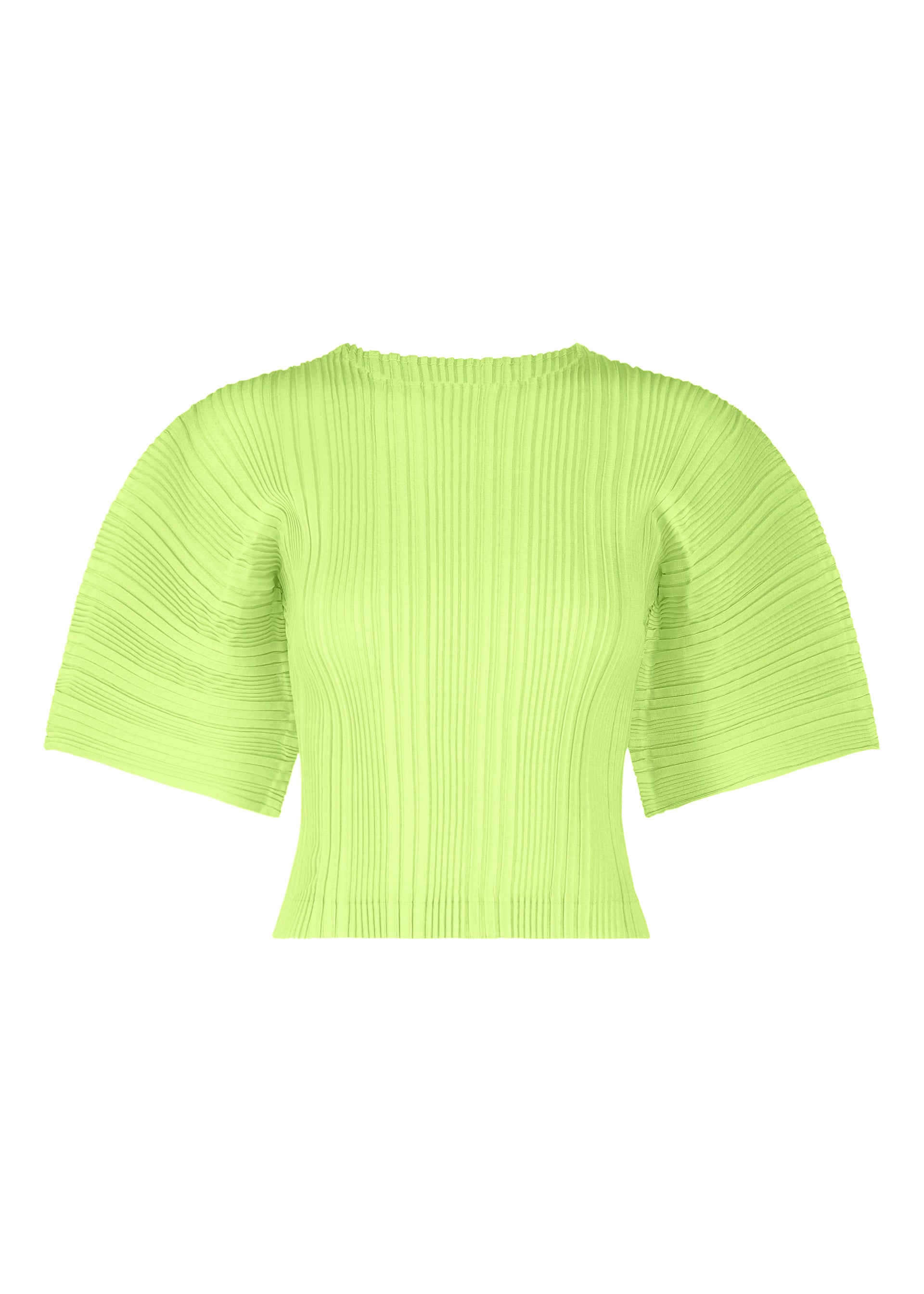 Zoomed view The ISSEY MIYAKE LINEN LIKE RIB PLEATS is a neon green, short-sleeved pleated blouse with wide structured sleeves and a round neckline, made from polyester with a linen-like finish, shown on a plain white background. - LIME GREEN （no.60）