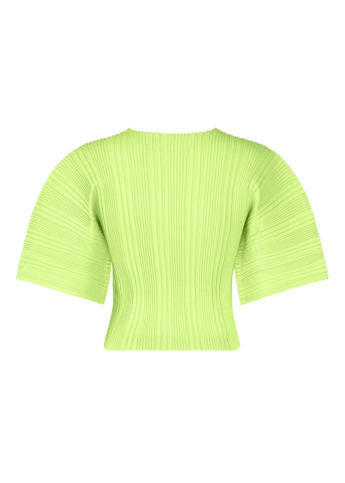 The ISSEY MIYAKE LINEN LIKE RIB PLEATS is a lime green short-sleeved blouse with wide, structured sleeves and a fitted waist, made from polyester linen-like fabric and shown on a plain white background. view 4 of 8