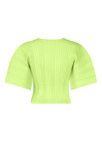 The ISSEY MIYAKE LINEN LIKE RIB PLEATS is a lime green short-sleeved blouse with wide, structured sleeves and a fitted waist, made from polyester linen-like fabric and shown on a plain white background.