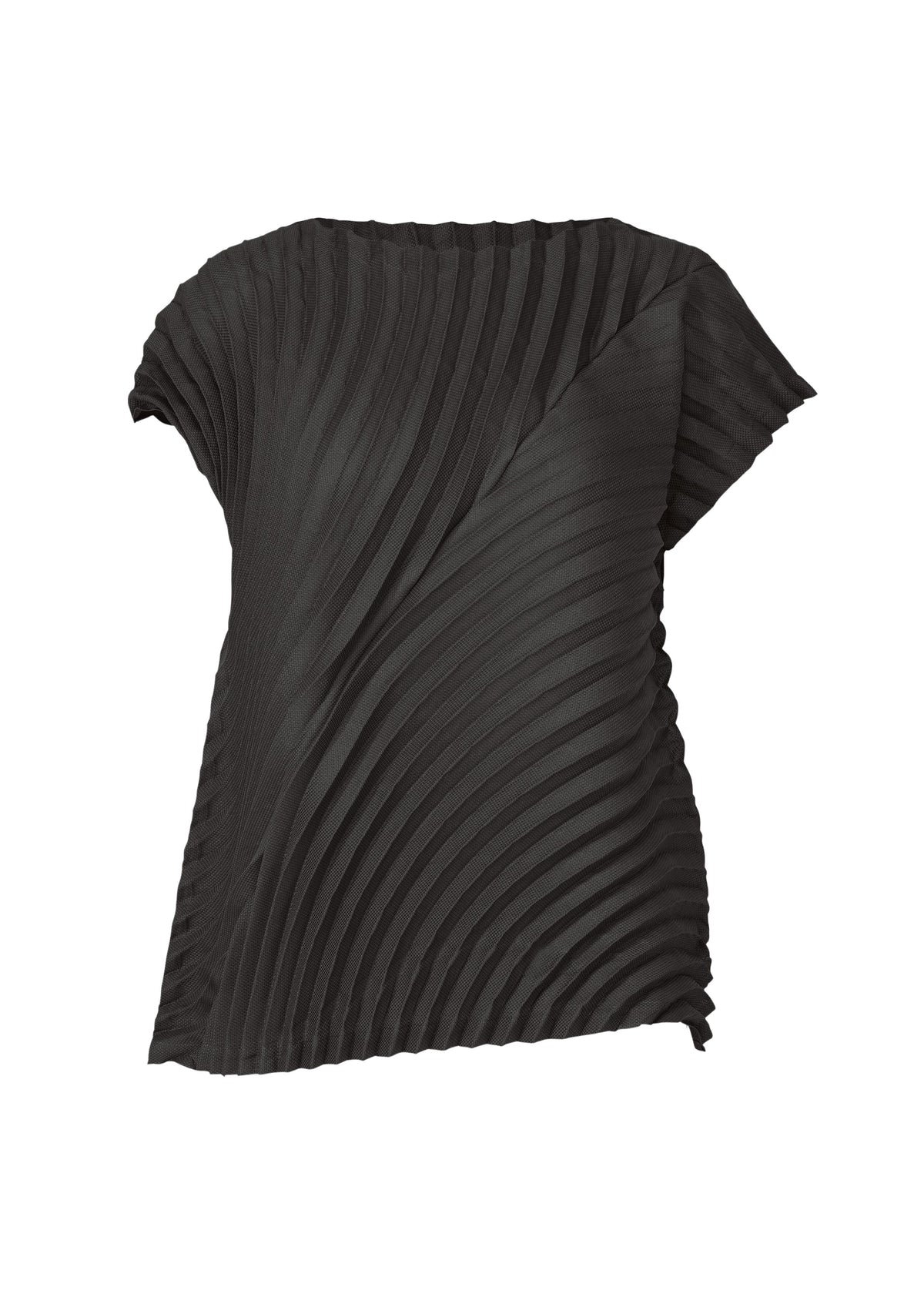 The ISSEY MIYAKE CIRCLE PLEATS PB is a black sleeveless round-neck top featuring an asymmetrical cut and handmade pleats, showcased on a plain white background. view 2 of 6